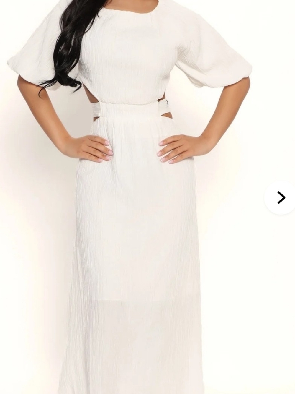 Fashion Nova White Maxi Dress with Side Cutouts and Puff Sleeves